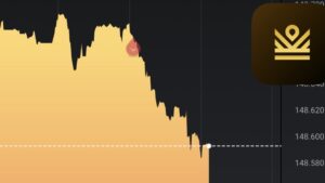 バイナリーオプションのエントリーの画面の写真。イエローマウンテンと言われる値動きのチャートに赤い水玉（下げ）が光勝利したとの写真